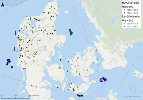 Figur 1 kortet giver et overblik over opførte land-og havvindmøller på dansk territorium